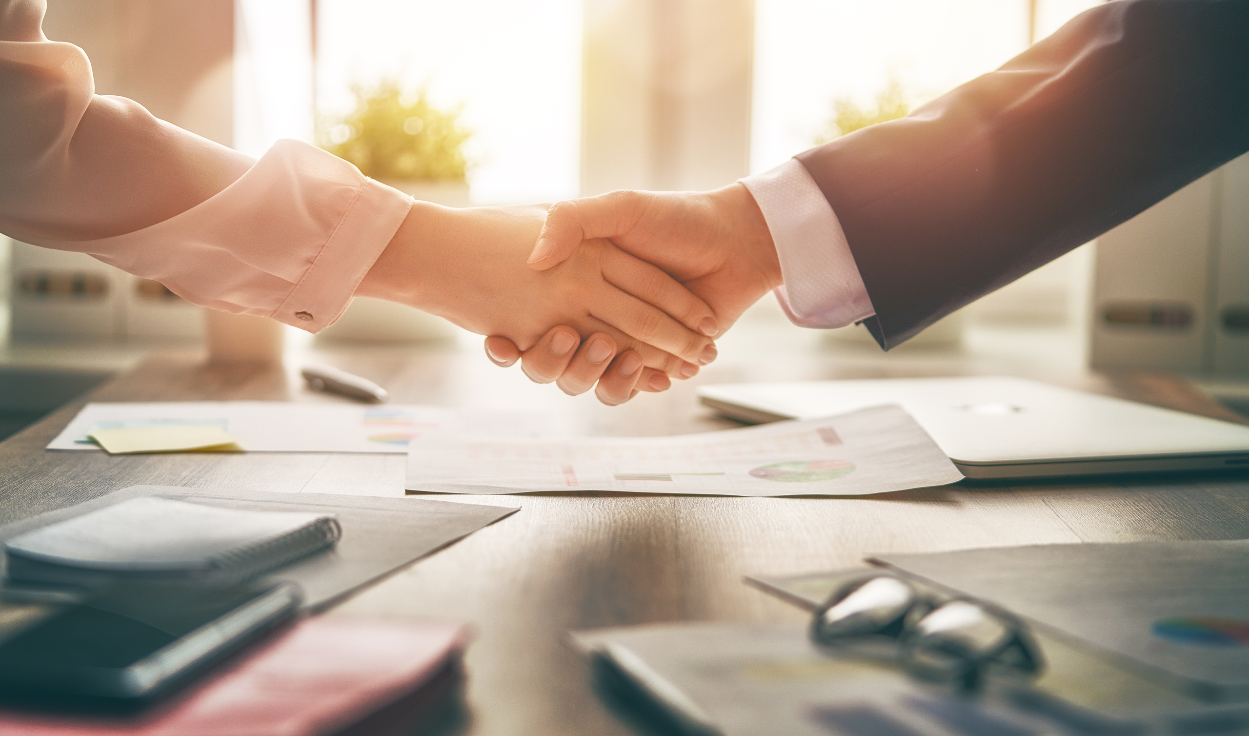 Image of a sunny handshake between two business people over a desk with papers and a pen.